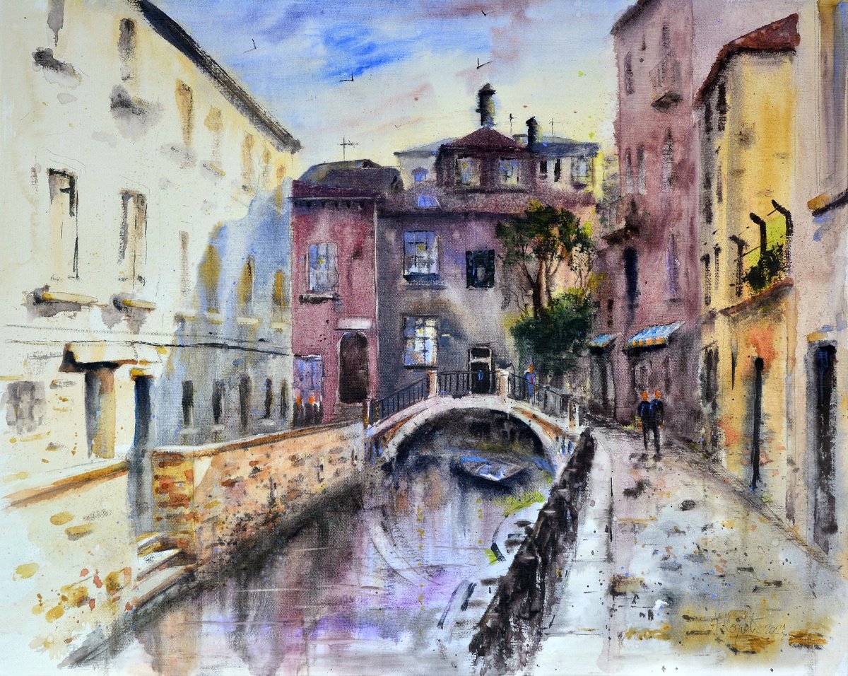 Impressionistic Cityscapes Watercolour By Nenad Kojic, 20 X 16", Shadows And Sun Of Venice Ital, Original Artwork