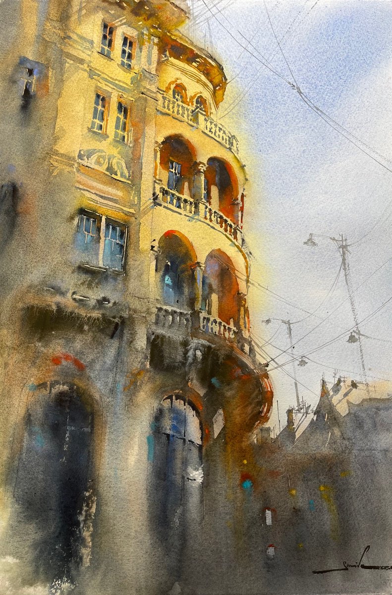 Expressive Cityscapes Watercolour By Samira Yanushkova, 15 X 22", Vintage Vista, Original Artwork