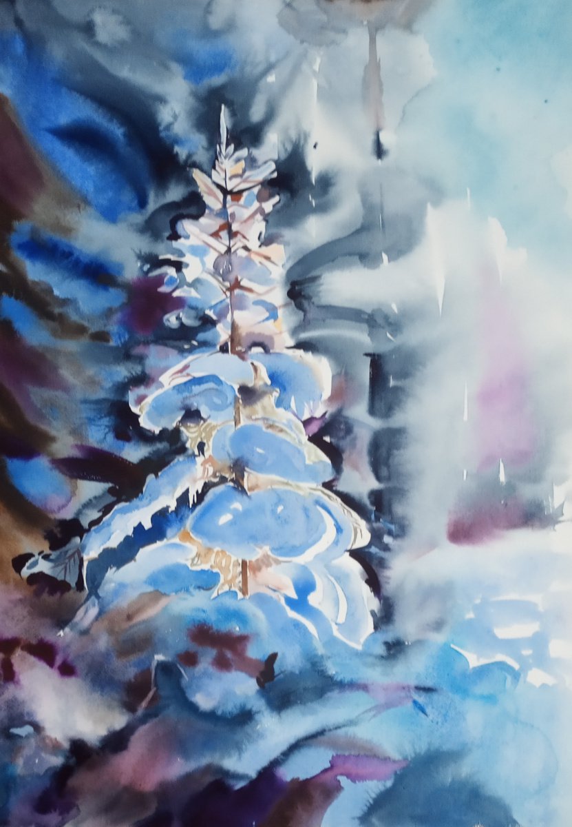 Impressionistic Landscape Watercolour By Valentina Kachina, 21 X 30", Christmas Tree, Original Artwork