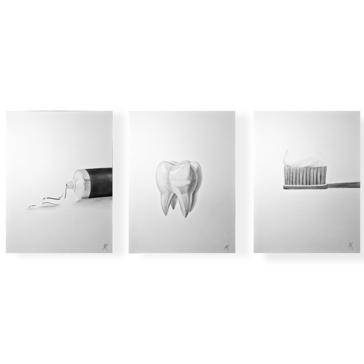 Photorealistic Charcoal Drawing , Triptych - Dentist - ? (From Pwf Series) By Kateryna Kostyk, 12 X 16, Artwork For Sale On Artfinder