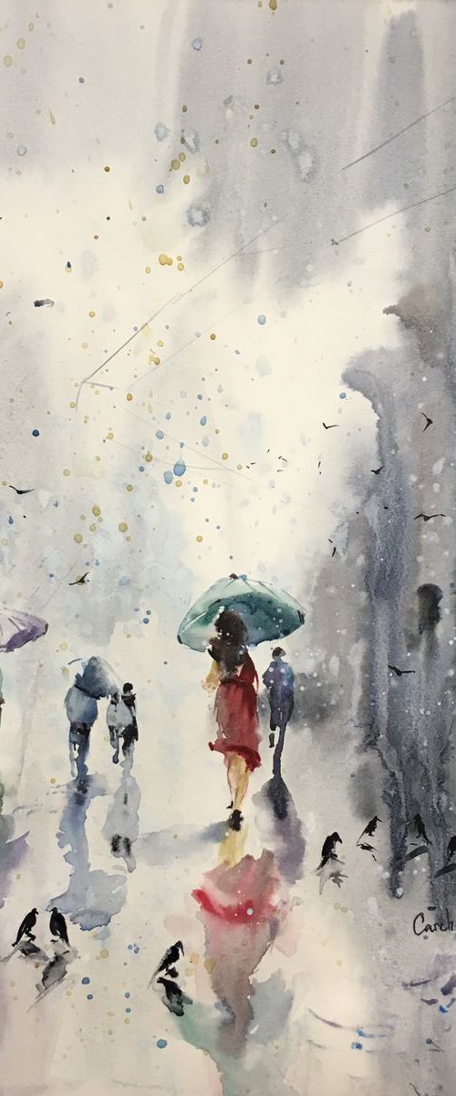 Watercolor “Lady in red with green umbrella” by Iulia Carchelan