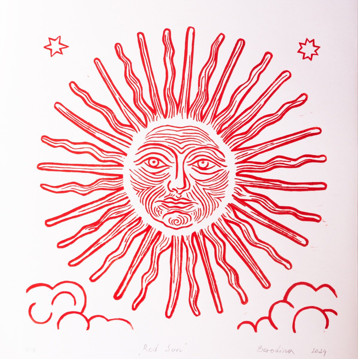 Linocut , Red Sun By Anastasia Borodina, 14 X 14, Artwork For Sale On Artfinder