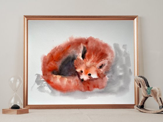 Red Panda Painting, Bear Original Watercolor Artwork, Nursery Decor