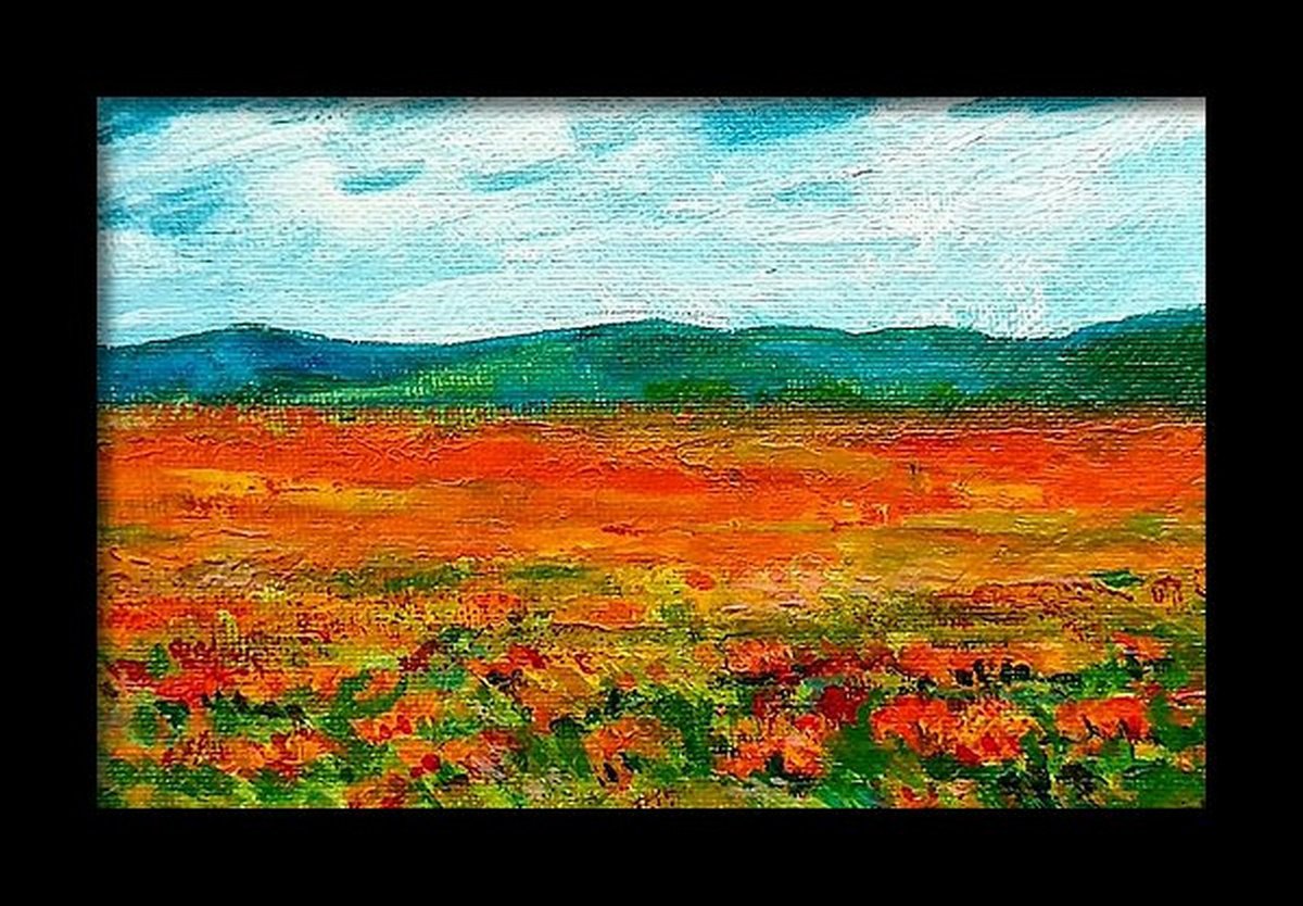 Miniature Floral meadows Landscape Painting Gift 6x 4 by Asha Shenoy