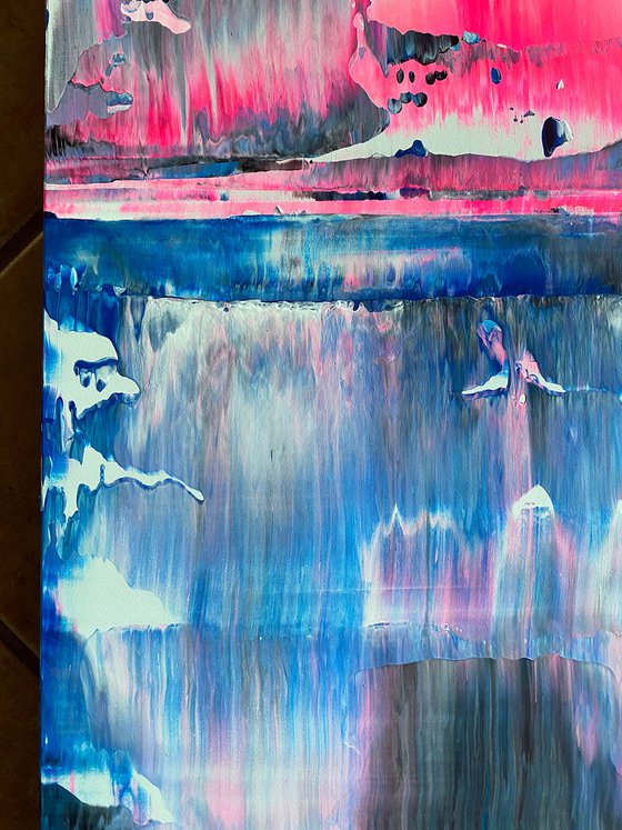 "From The Ice Age To The Pink Age" - FREE USA SHIPPING - Original PMS Abstract Acrylic Painting On Reclaimed Wood Panel - 14" x 24"