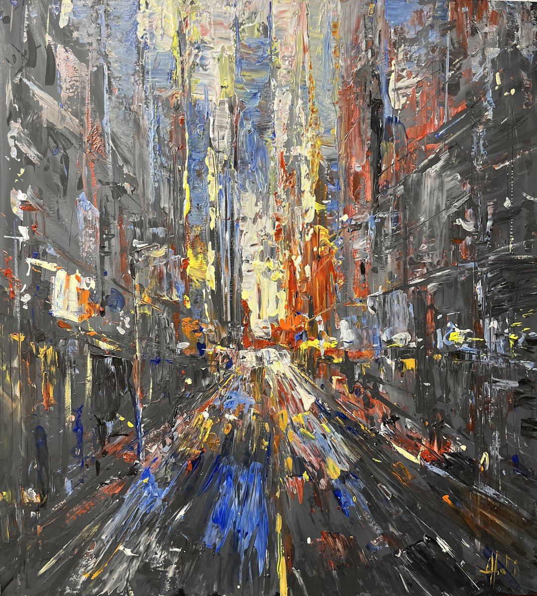 CITY LIGHTS 2, abstract impressionist painting 70x65cm by Altin Furxhi