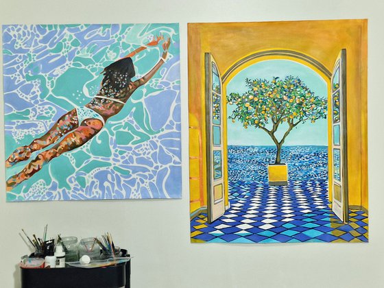 Seascape with orange tree