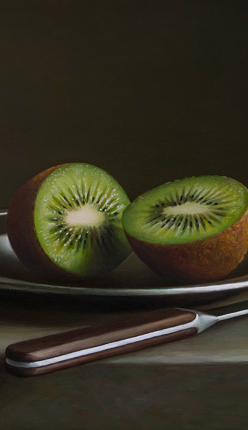 Kiwifruit with a knife by Albert Kechyan