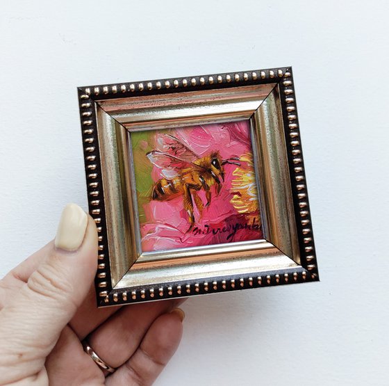 Bee artwork oil painting original 2x2, Bee on hot pink flower wall art tiny