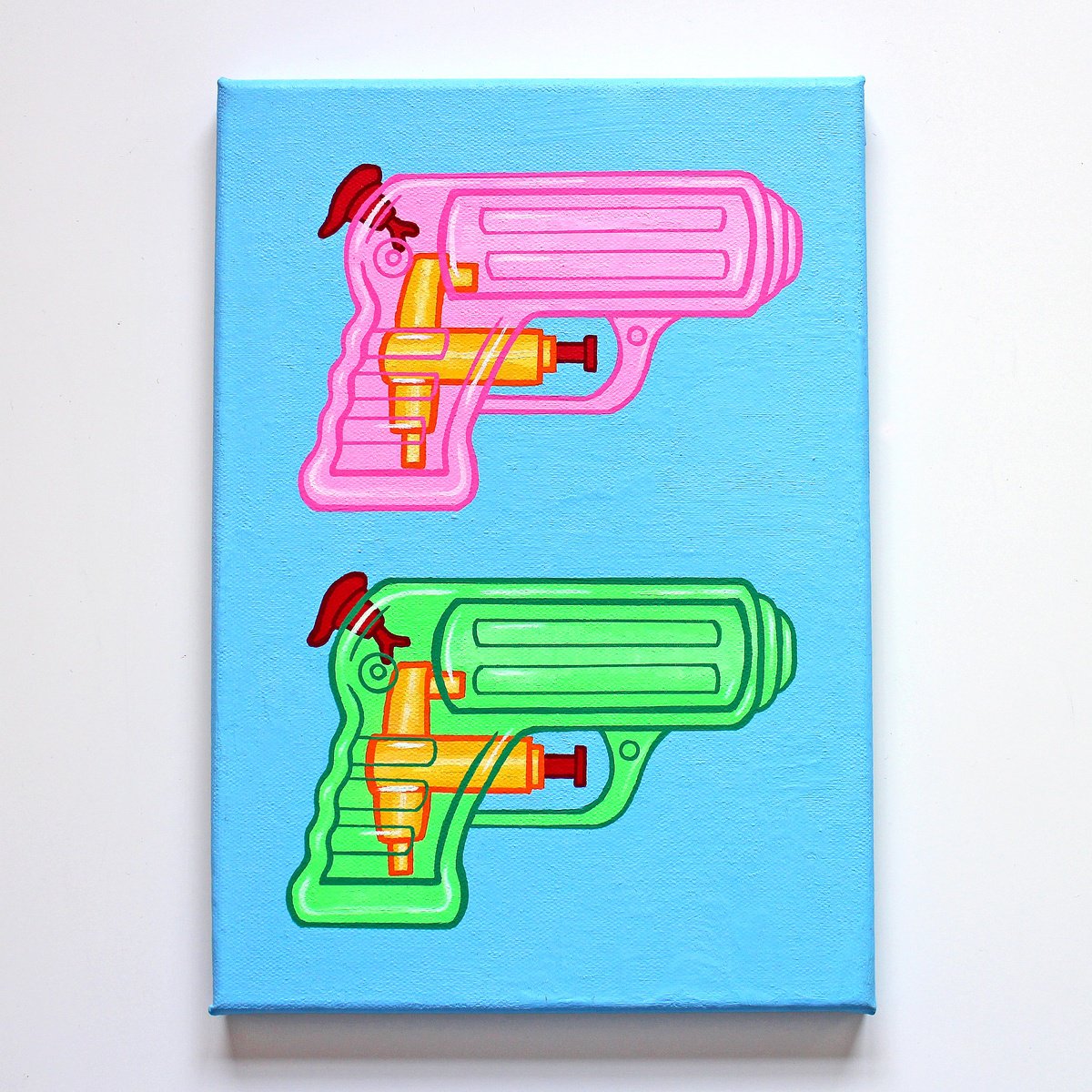 Urban And Pop Still Life Acrylic Painting By Ian Viggars, 8 X 12, Water Pistols #3, Original Artwork