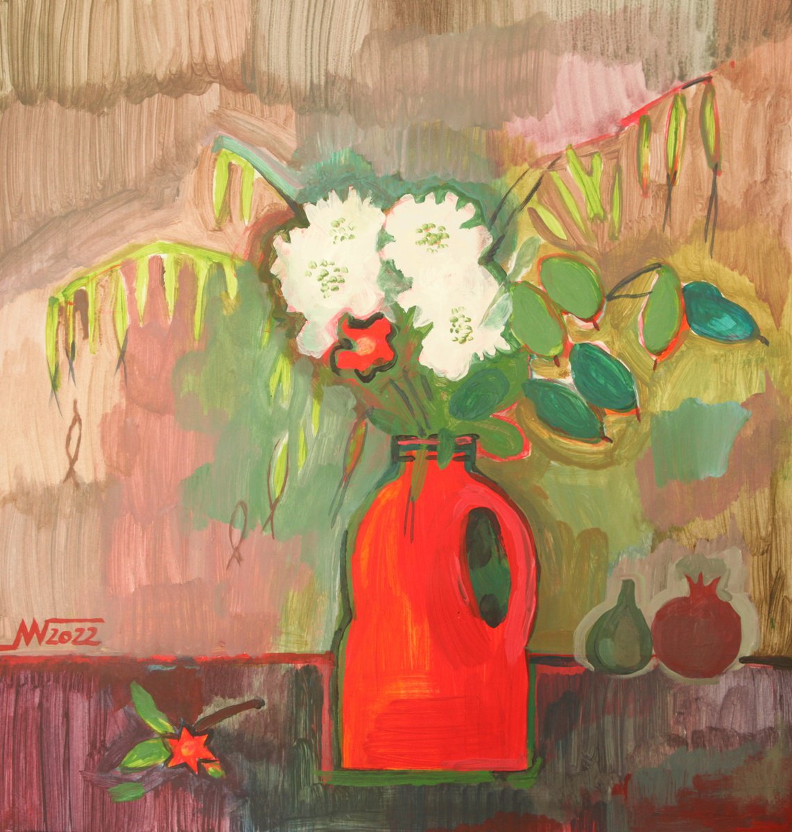 Botanical Acrylic Painting By Marina Gorkaeva, 20 X 22", Red Bottle, Original Artwork