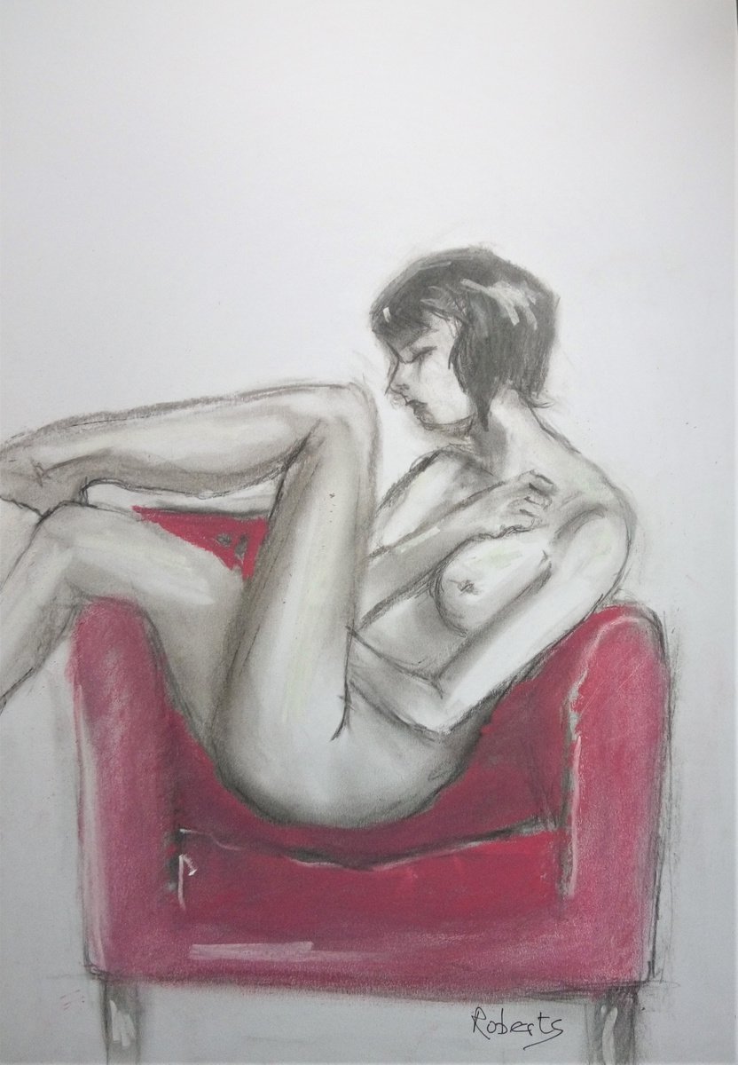 Impressionistic Portrait Charcoal Drawing By Rosalind Roberts, 13 X 18", Red Chair, Original Artwork