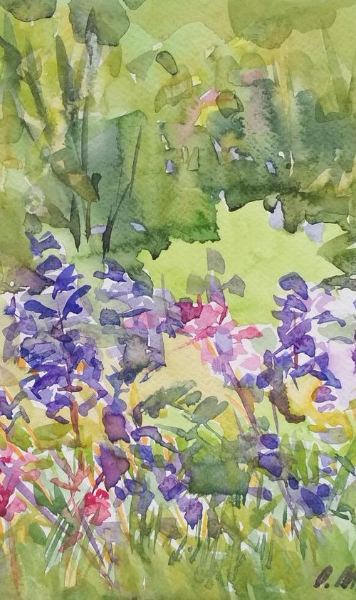 Etude with flowers / Summer sketch Blue & pink floral watercolor by Olha Malko