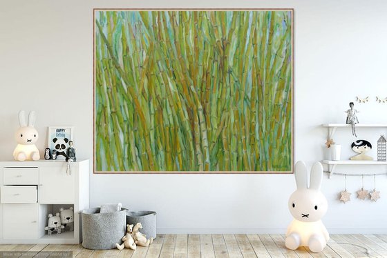 SINGING BAMBOO - Panel, India theme, pants and trees, floral art, large oil original painting, green colours, interior art