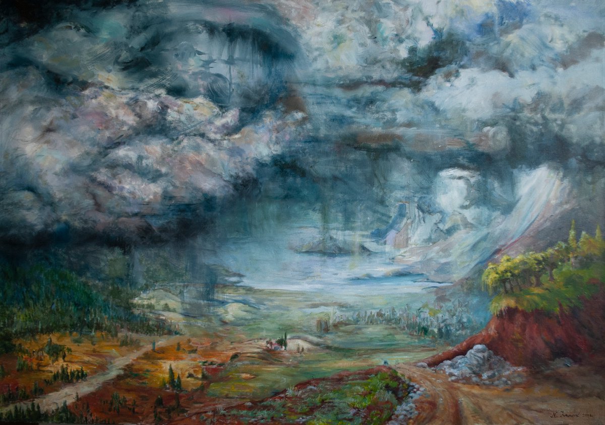 Abstract Landscape Oil Painting By Nikola Ivanovic, 39 X 28", The Calm Before The Storm, Original Artwork