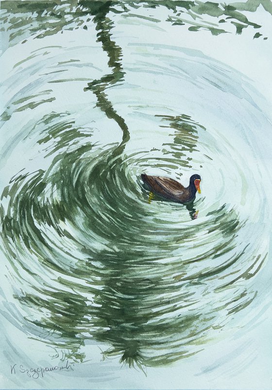 Duck swimming in palm tree reflection