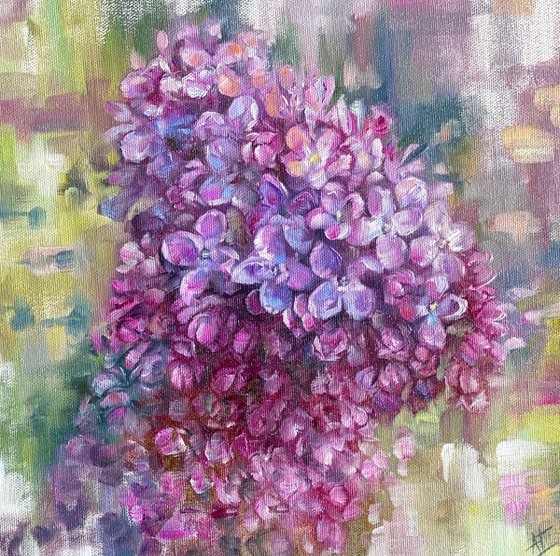 Lilac original oil painting. Spring flowers on canvas.