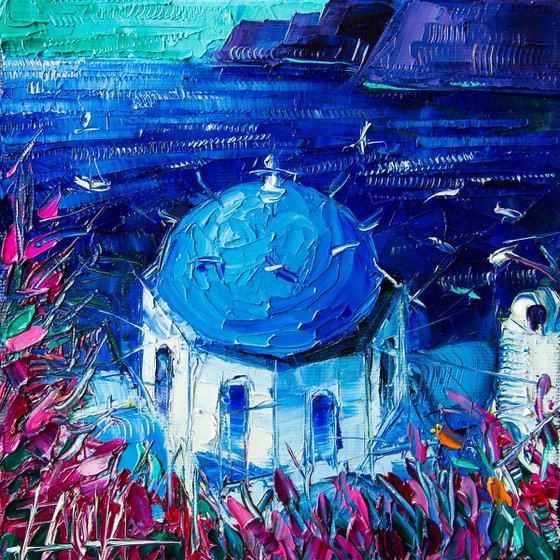 BLUE DOME IN SANTORINI Mini Cityscape Textural impressionist Impasto Palette Knife Oil Painting