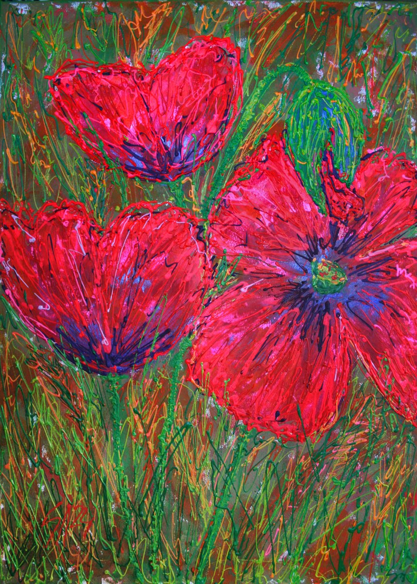 Abstract Botanical Acrylic Painting By Salana Art / Svetlana Samovarova, 20 X 28", Poppies, Original Artwork