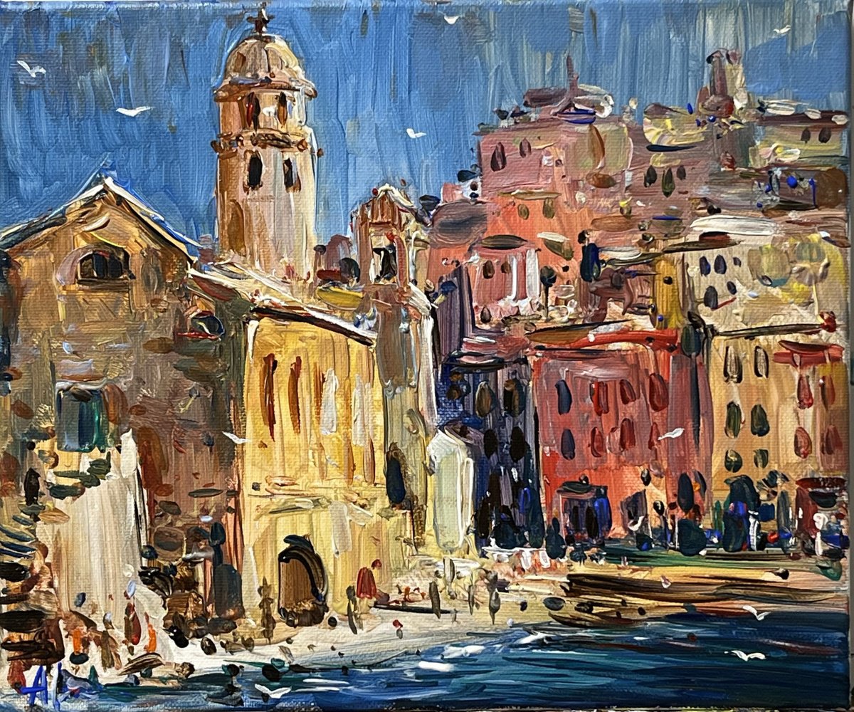 Impressionistic Landscape Acrylic Painting By Altin Furxhi, 12 X 10, Vernazza Impressions., Original Artwork
