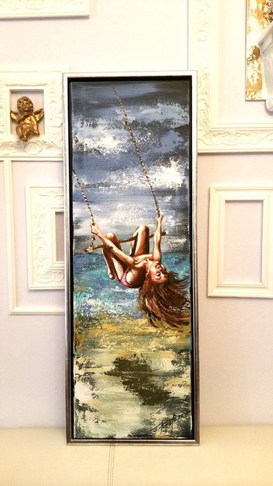 "Winged swing",original acrylic painting 30x90, ready to hang,framed