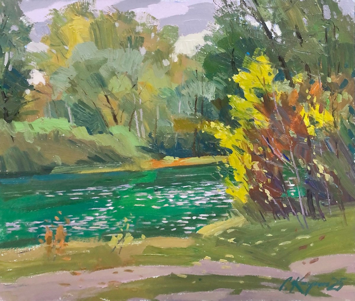 Impressionistic Landscape Acrylic Painting By Sergey Kachin, 26 X 22", It