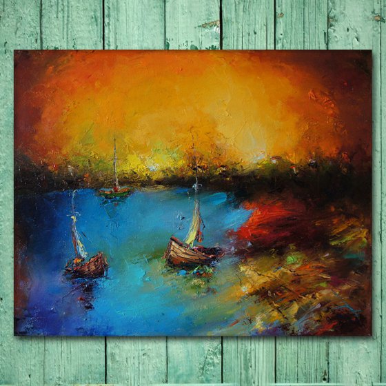the sunset, Oil painting.