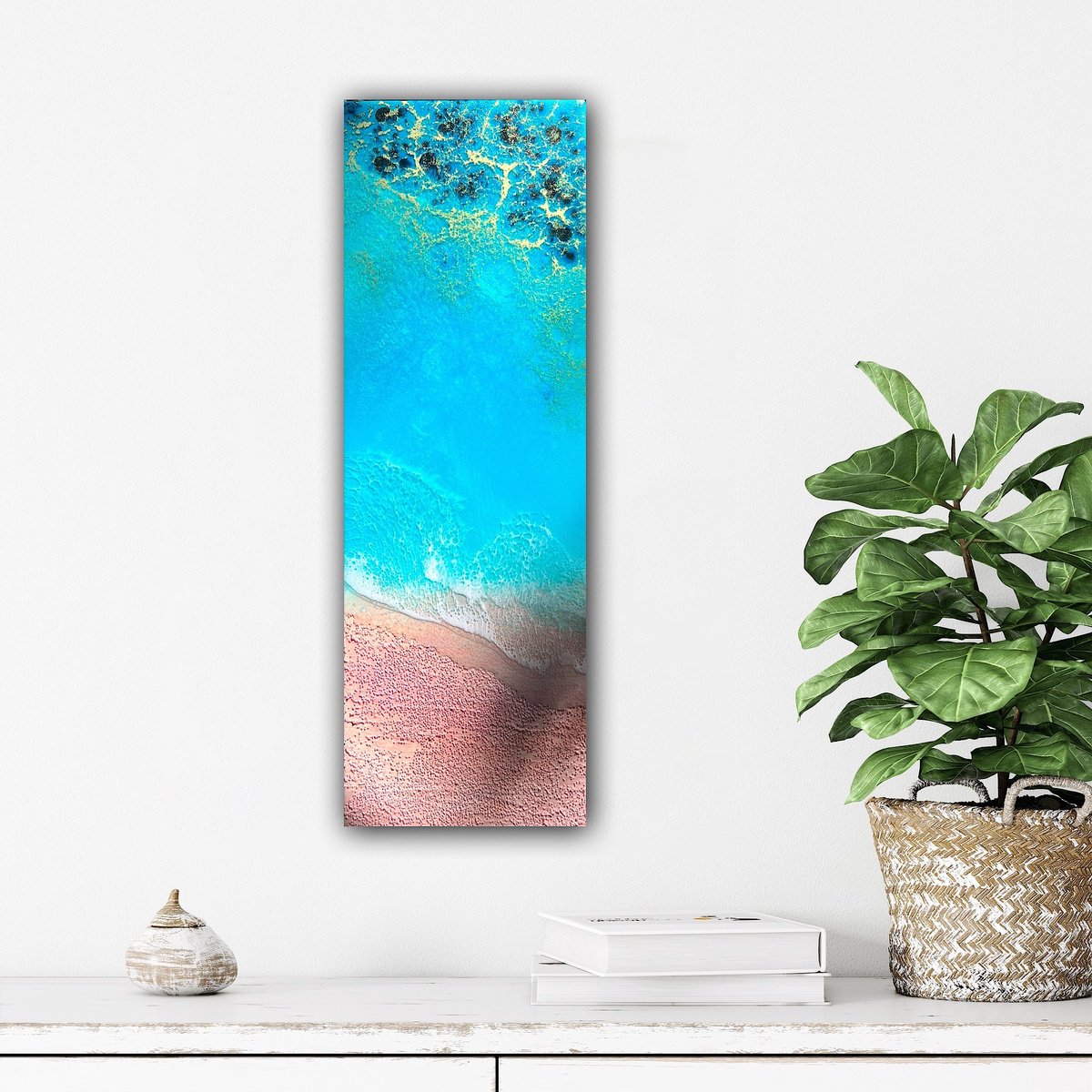 Photorealistic Landscape Painting By Ana Hefco, 8 X 24, Pink Sand Beach - Bahamas #3, Original Artwork