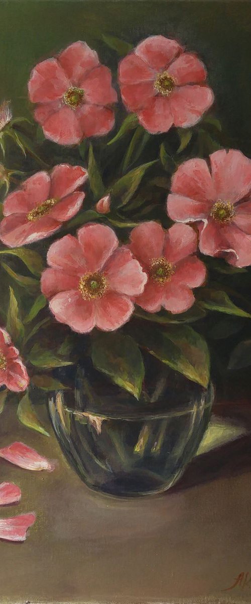 Wild roses, original, one-of-a-kind acrylic on canvas still life painting by Alexander Koltakov