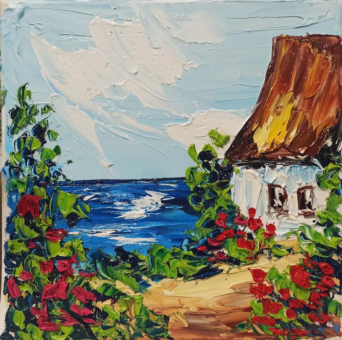 Impressionistic Landscape Oil Painting By Oksana Fedorova, 8 X 8", The House By The River, Original Artwork