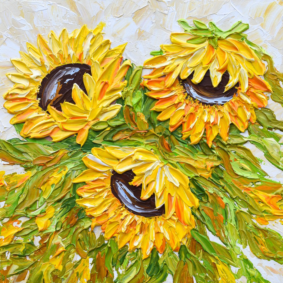 Impressionistic Botanical Acrylic Painting By Olga Tkachyk, 12 X 12", Fall Sunflowers, Original Artwork