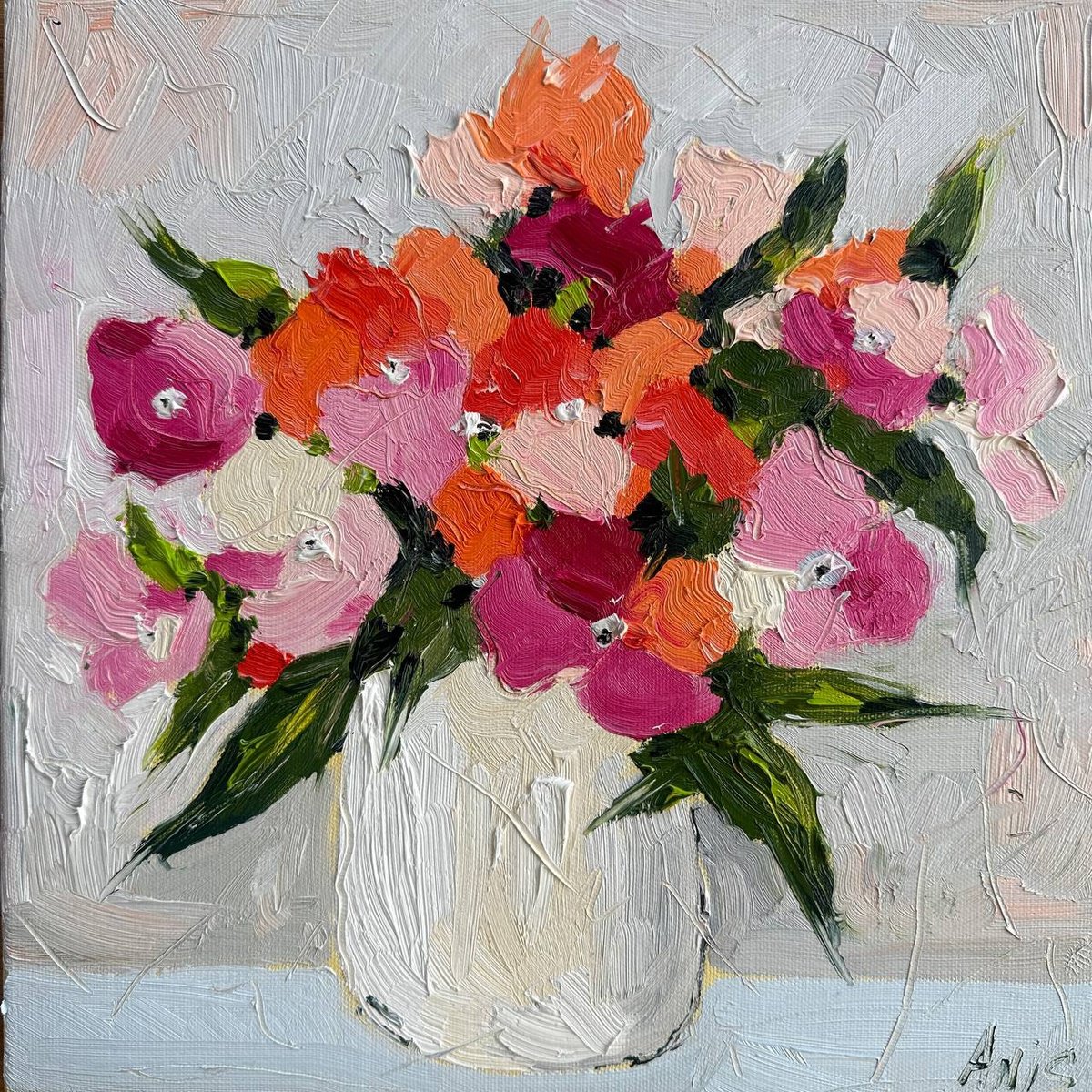 Impressionistic Botanical Oil Painting By Irina Anis, 12 X 12, A Bouquet With Pink Flowers, Original Artwork