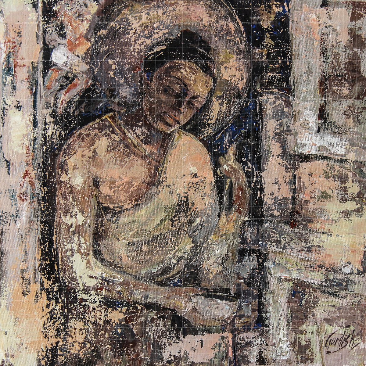 Abstract Still Life Acrylic Painting By Artist Gurdish Pannu, 18 X 18, Spiritual Buddha Of Ajanta, Original Artwork