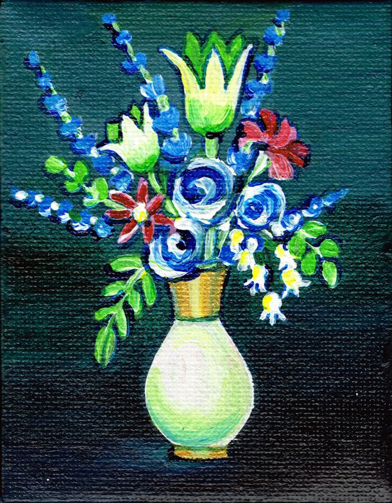 Flowers in white golden vase, original acrylic miniature painting, still life N3