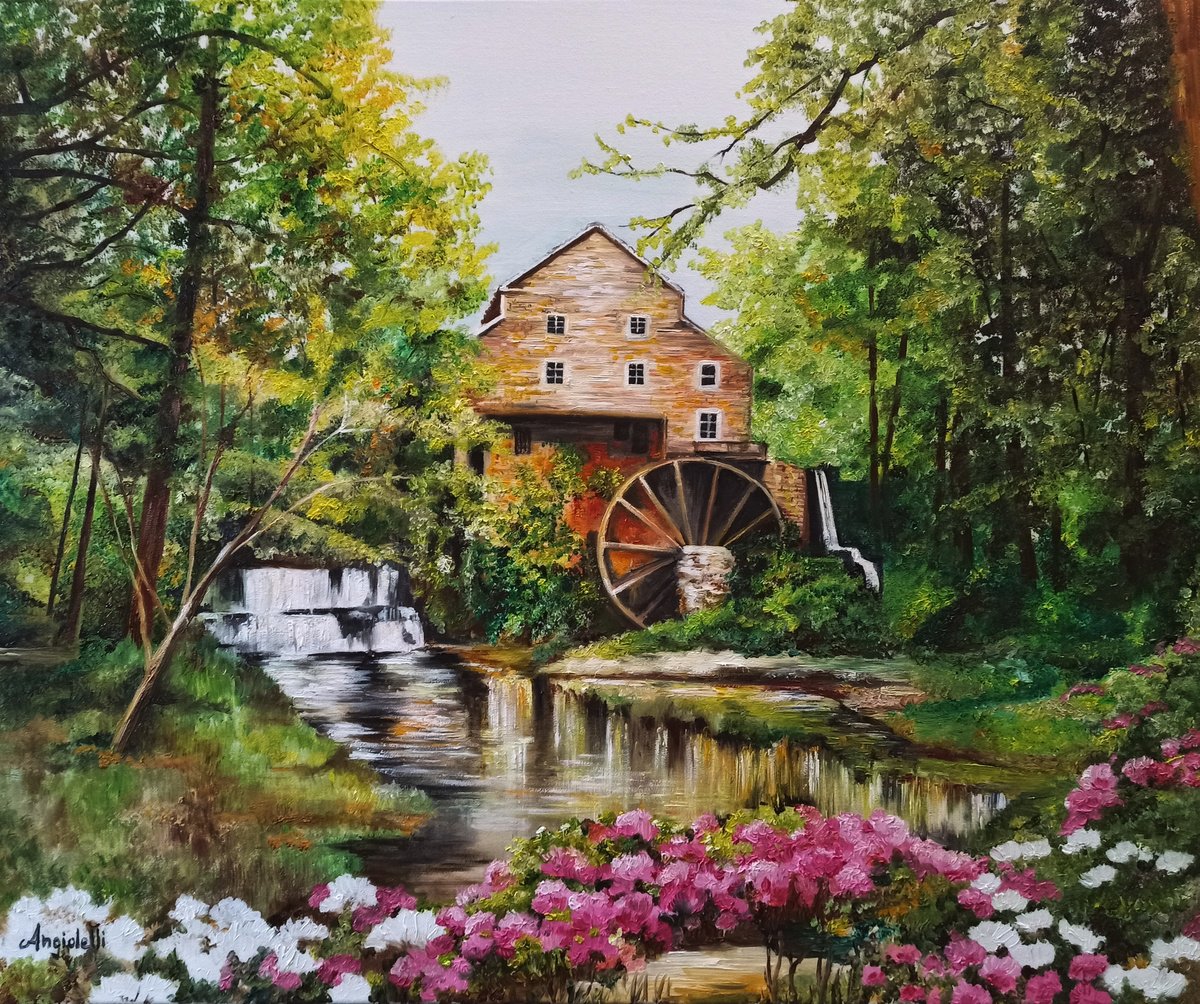 Photorealistic Landscape Oil Painting By Anna Rita Angiolelli, 24 X 20, Landscape With Mill, Original Artwork