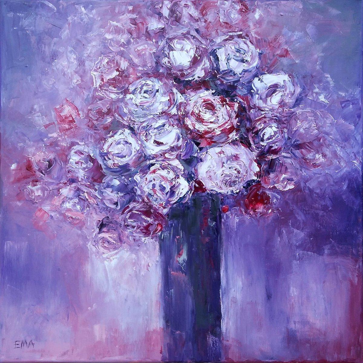 PURPLE LOVE, 60x60cm, blooming roses oil floral still life painting by Emilia Milcheva