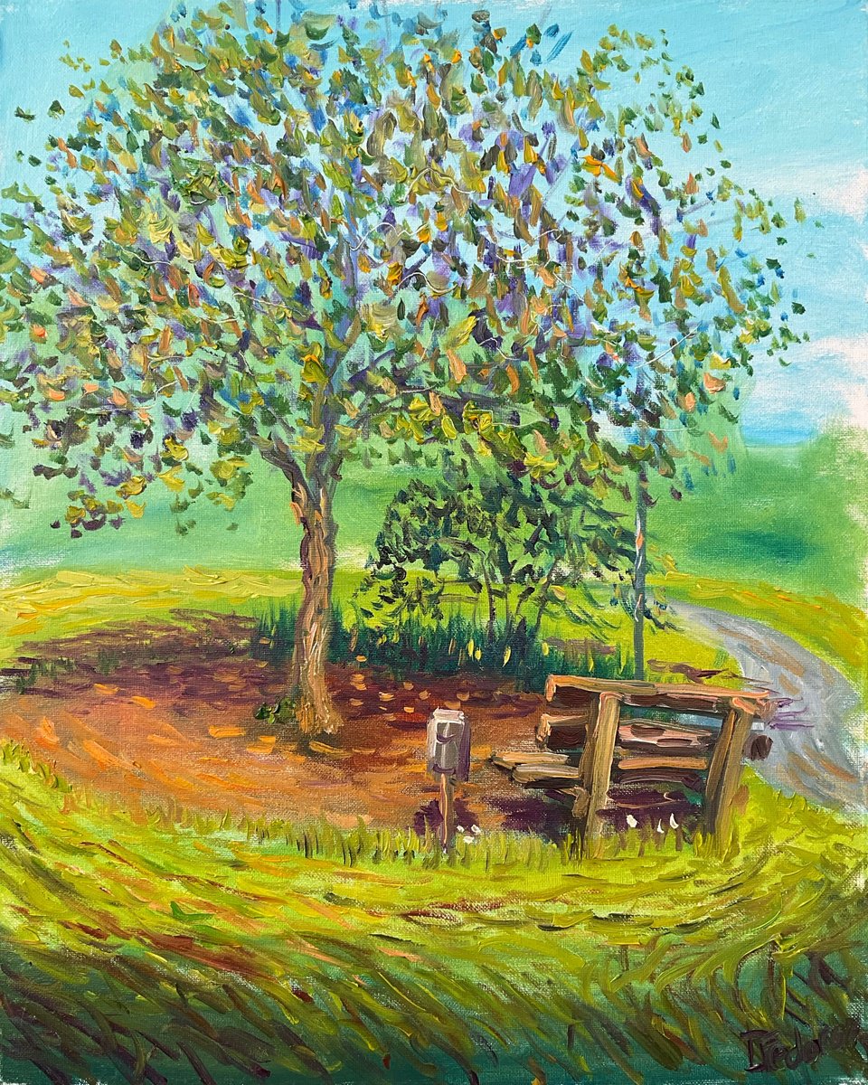 Impressionistic Landscape Oil Painting By Dmitry Fedorov, 16 X 20, Bench Under The Tree, Original Artwork