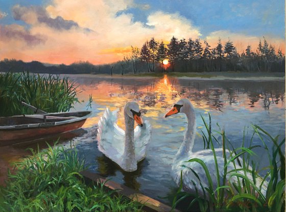 White swans at the sunset lake, landscape painting