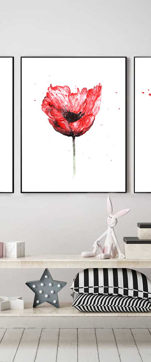 Red flowers art, 3 pieces by Luba Ostroushko