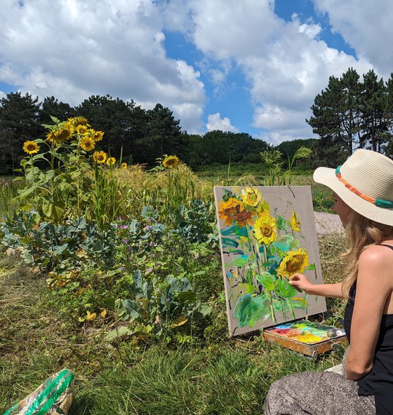 Sunflowers . 60x70 cm. Large Sunny painting "a la prima" on linen canvas
