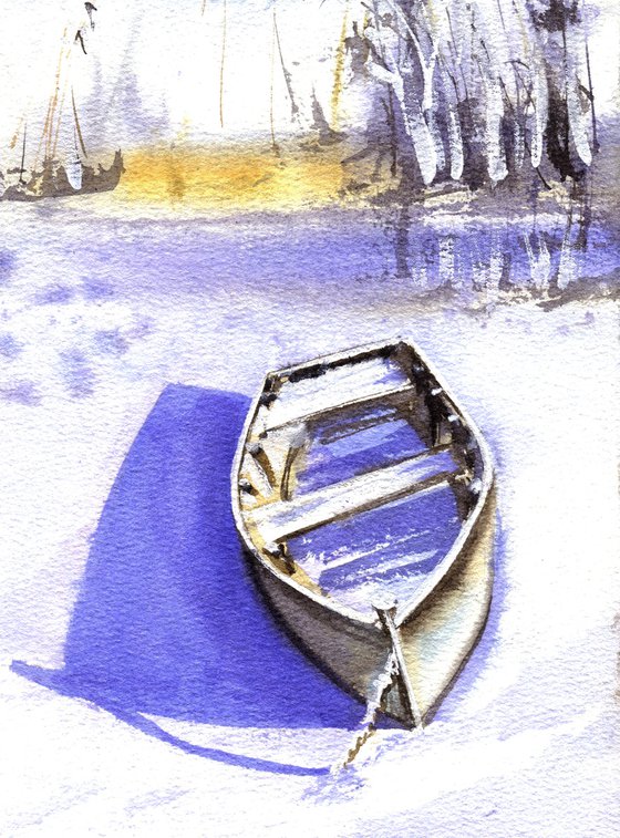 Boat at the winter river original watercolor painting blue sky painting small format gift idea