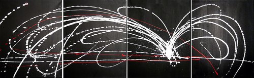 quadriptych four piece abstract original wall canvas art triptych black and white "White Noise" 64 x 20 inches by Stuart Wright