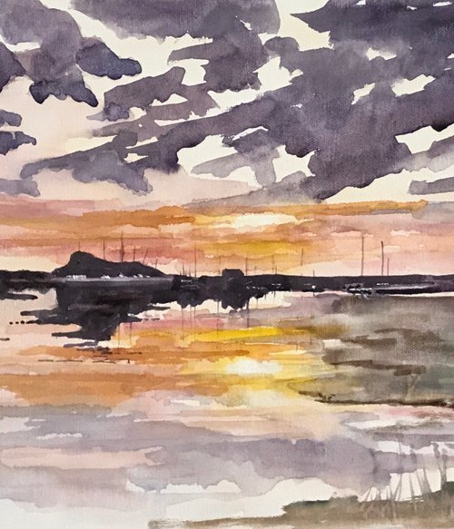 A Watercolour on Canvas - Sunset at Blakeney by Brian Tucker