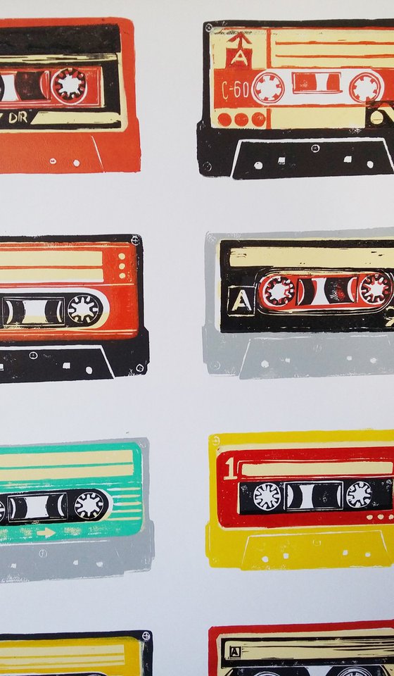 Linocut tapes #48 (cassette tapes, retro music, 70's, 80's rock culture)