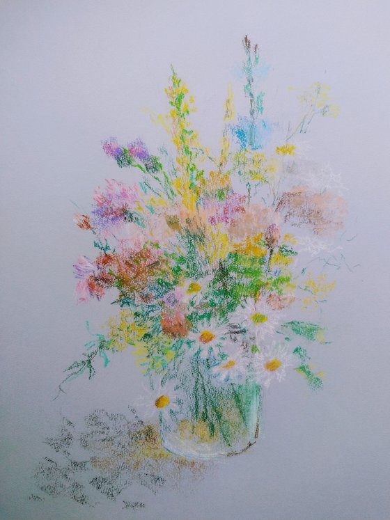 Summer bouquet. Original pastel drawing on bluish paper.