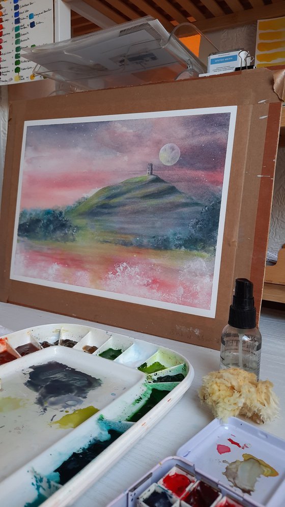 Twilight Tor - Original Watercolour Painting of Glastonbury Tor - UK Artist