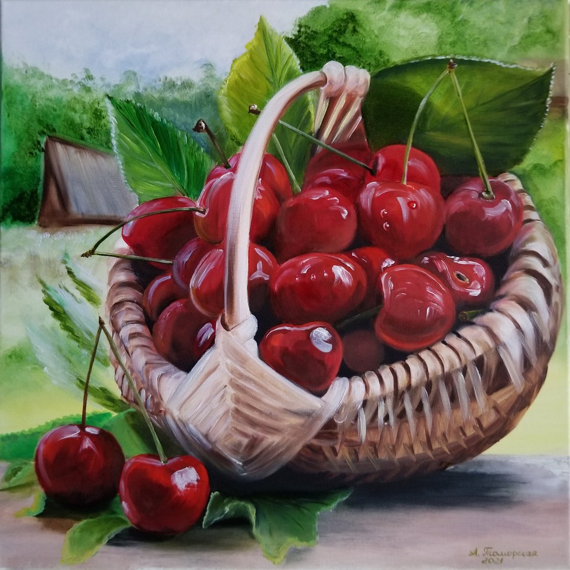 Cherry still life original handmade oil painting on cardboard 6