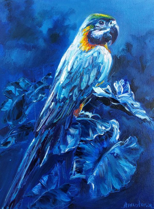 Parrot Bird Art Nature Blue painting Night time Wildlife by Anastasia Art Line