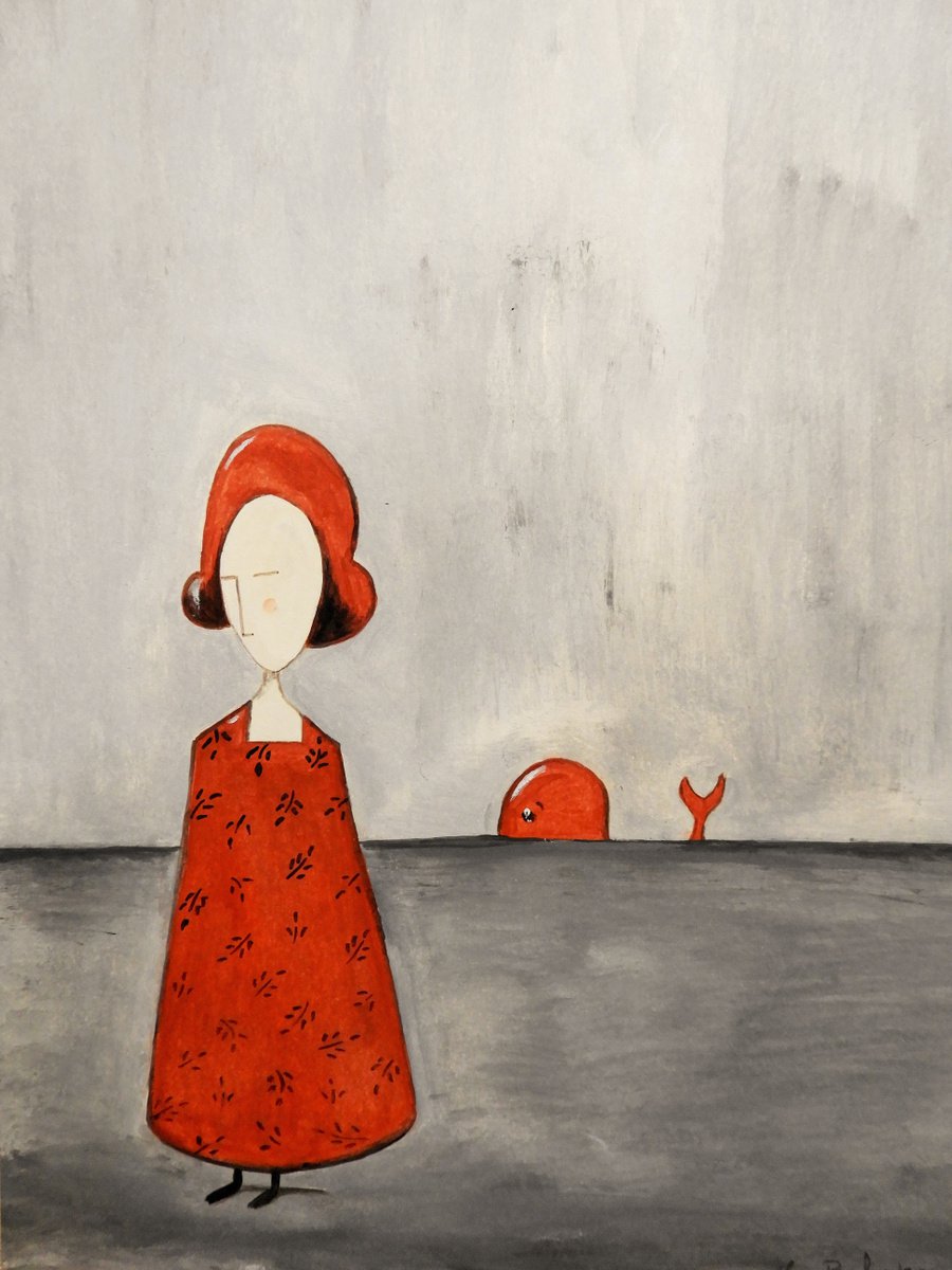 The Lady n red and the red fish- oil on paper by Silvia Beneforti