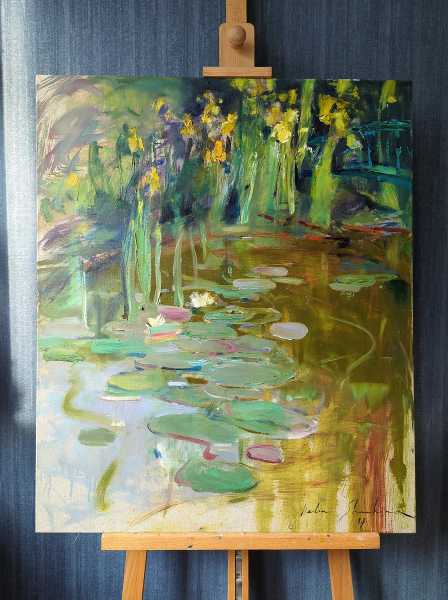 Impressionistic Landscape Oil Painting By Helen Shukina, 28 X 33, Pound With Lilies And Bridge, Original Artwork